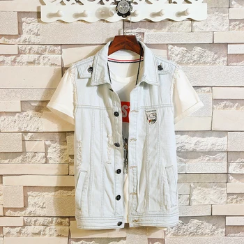 

Men Denim Jackets Vest New Summer Light Blue Holes Jean Sleeveless Vest High Quality Men Cotton Vest Denim Coats Size 4XL