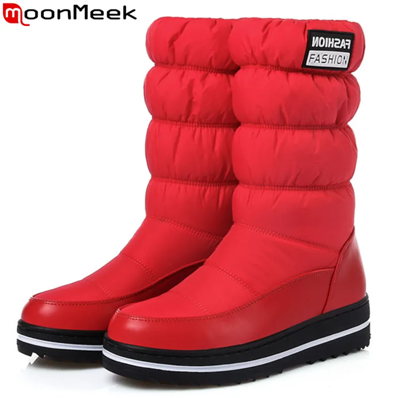 En Ligne MoonMeek hiver nouvelles femmes bottes plate forme Vers Le Bas etanche Garder au chaud dames bottes de neige noir bleu rouge mi mollet bottes plus taille
