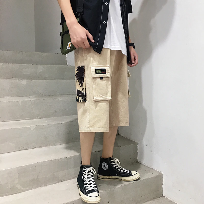 

Safari Style Calf-Length Pants Patchwork Multi-Pockets Men's Pants Straight Black Khaki Calf-Length Pants