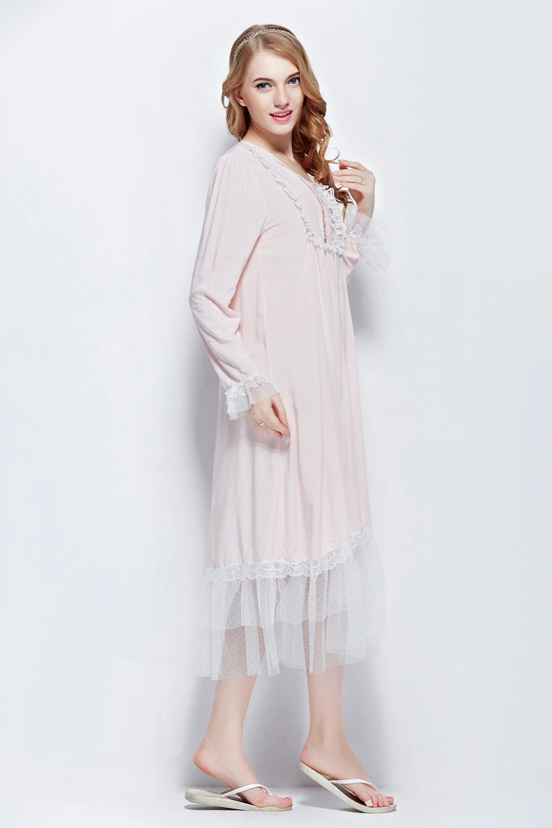 Пижама женская осенняя тонкая хлопковая шелковая розовая кружевная usuginu ночная рубашка с длинным рукавом размера плюс длинная