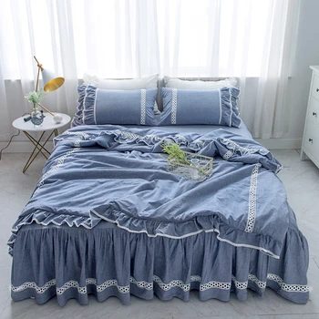 

Free shipping washed cotton lace princess ruffles bedding set 3/4pcs twin full queen king size bed skirt set MR