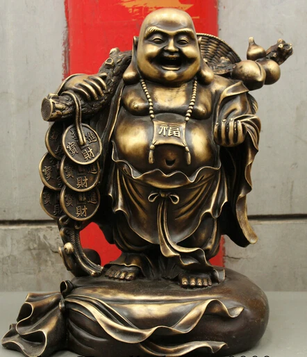 

shitou 003277 20 Folk Chinese Copper Bronze Gourd Happy Maitreya Buddha Statue On Money Bag