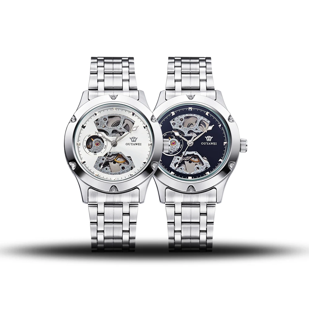 

OUYAWEI Silver Stainless Steel Band Waterproof Mens Mechanical Watch Top Brand Luxury Transparent Mechanical Male Wrist Watch
