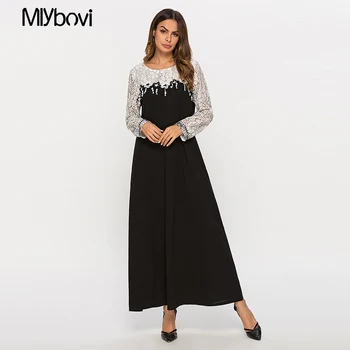 

Black Lace Women Long Dress Long Sleeve Patchwork Design Maxi Dresses Muslim Arabic islamic Clothing Dress 2019 Spring vestidos
