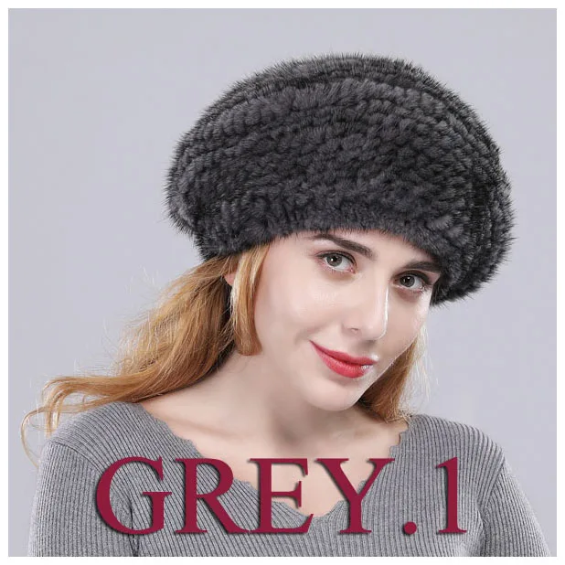 new arrive women real mink fur Berets handmade knit mink hat brand winter casual fur caps hot sale - Цвет: grey 1