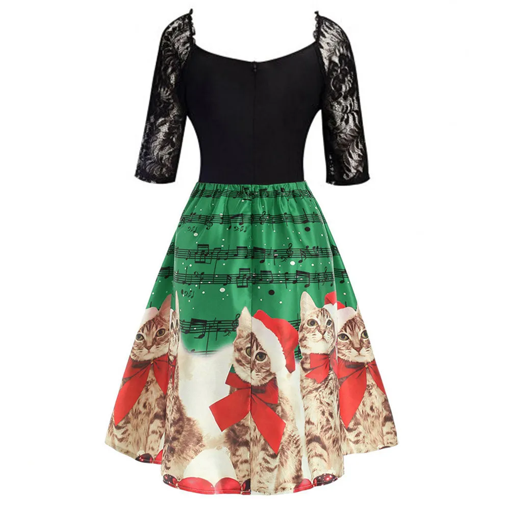 

JAYCOSIN Women Half Sleeve Lace Patchwork Christmas Cats Musical Notes Print Flare Dress A-Line Vintage O-Neck Sexy Dress May 20