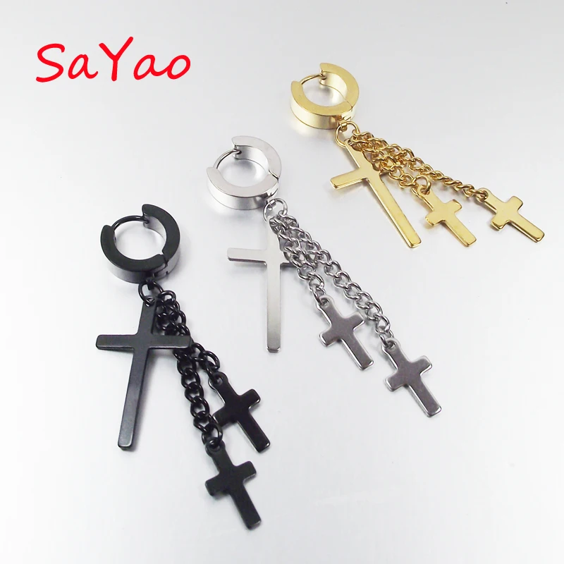 

SaYao 12 Pieces Wholesale Stainless Steel Earring Studs Men Punk Cross Earrings Long Chain Tassels Crosses Body Piercing Jewelry