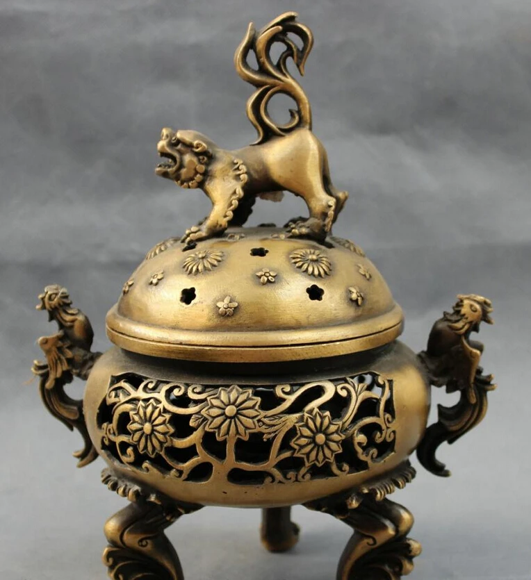 

S4006 9" Tibet Bronze Buddhism Lion PiXiu Head Statue Phoenix Incense Burner Censer D0317