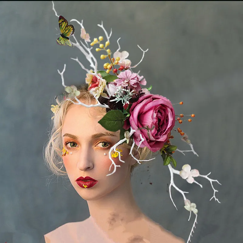 

Exaggerated headwear stage show photo of European and American large crown wreath simulation flowers Free Shipping