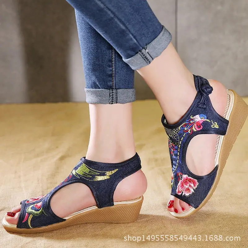 

8125P linen wedge shoes high to help fish mouth shoes national wind embroidered sandals