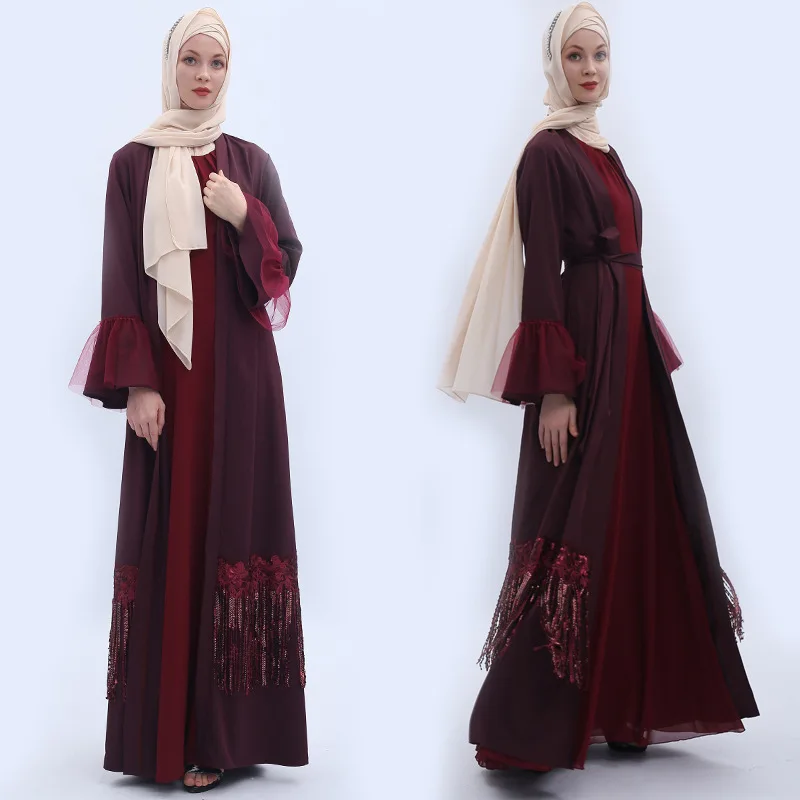 Элегантное мусульманское платье с блестками abaya кардиган-кимоно с кисточками свободные длинные халаты Jubah на Среднем Востоке Eid Рамадан