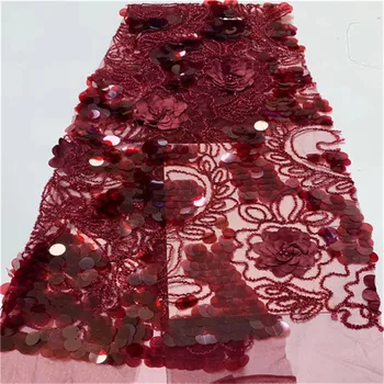 

2019 New African Lace Fabric French Sequins Net Lace High Quality Sequin Fabric 3D Lace Fabric Red Embroidery Lace