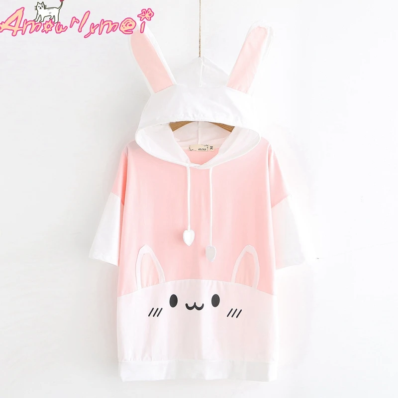

Cartoon Rabbit Print Hooded Short Sleeve T-Shirt Cute Japanese Mori Girl Summer Women Cotton Kawaii Tops Tees Pink Blue White