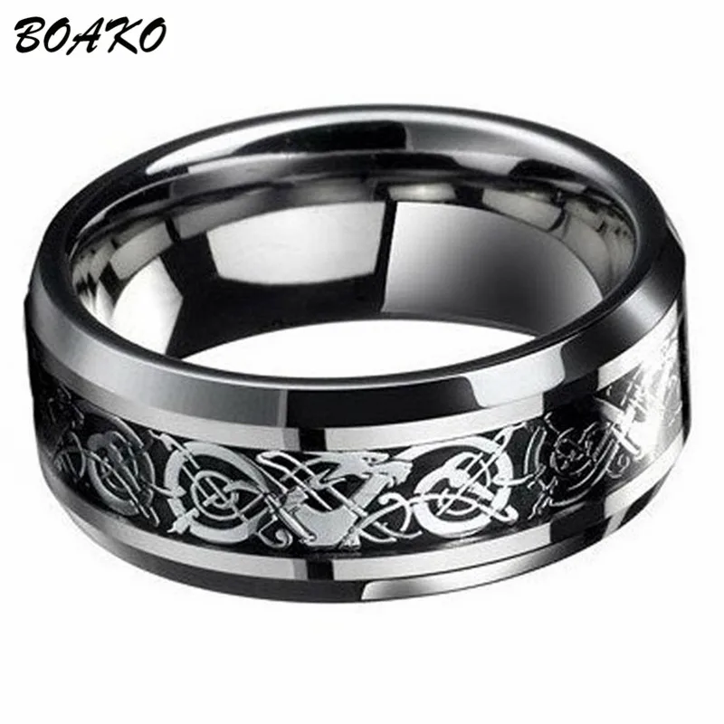 

BOAKO Titanium Stainless Steel Rings For Men Punk Gothic Biker Rings Dragon Rune Totem Mens Rings Wedding Band anillo hombre