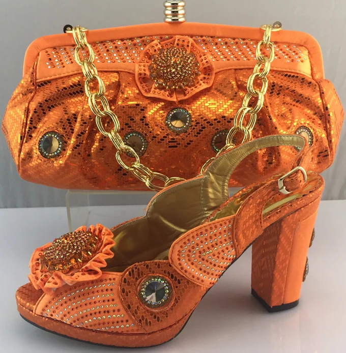Orange Color Matching Women Shoe and Bag Set Decorated with Rhinestone African Shoe and Bag Set Orange Color Matching Women Shoe and Bag Set Decorated with Rhinestone African Shoe and Bag Set
