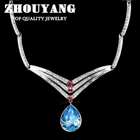 ZHOUYANG ZYN566 Silver Color Water Drop Blue Crystal Wedding Necklace with Top Grade Marquise-cut CZ Bridal Necklace