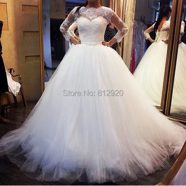 

Terence Bridal Tulle Puffy Ball Gown Lace Appliqued Corset Back Long Sleeve Wedding Dresses White in Turkey