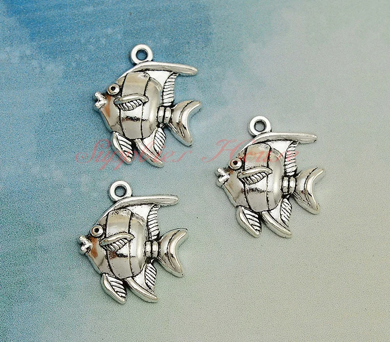 40pcs/lot 25x22mm, Fish Charms, Antique silver Plated Fish Pendants