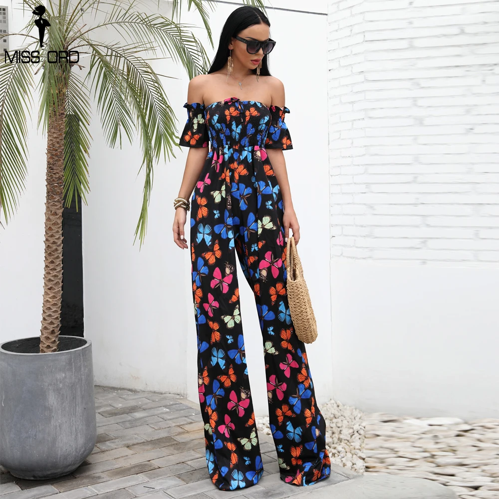 

Missord 2019 Sexy Spring and Summer One Shoulder Backless Bodysuit Female off shoulder Print Jumpsuit FT18422