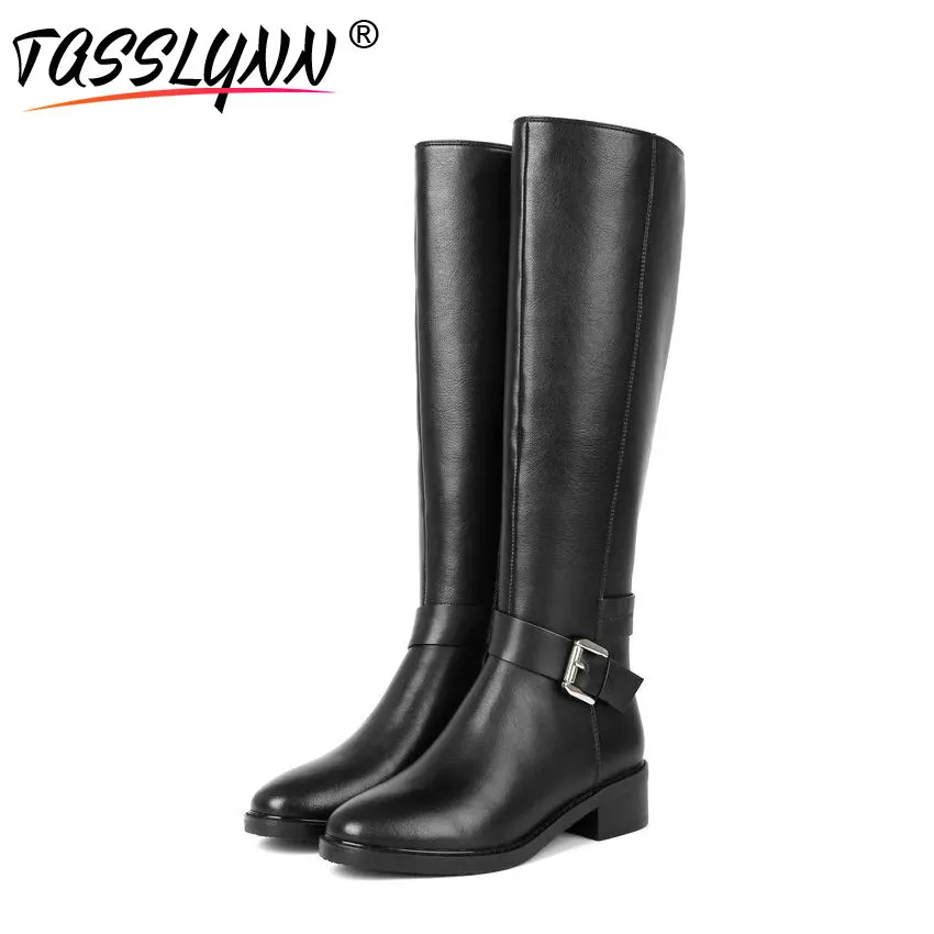 

TASSLYNN 2018 Luxury Boots Women Slip-On Riding Equestrian Genuine Leather Winter Boots Round Toe Shoes for Woman Size 34-43