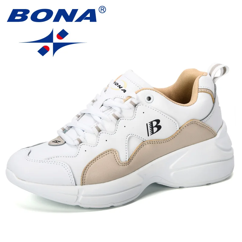 BONA New Fashion Style Platform Sneakers Ladies Brand Chunky Causal Shoes Woman Leather Leisure Shoes Chaussure Femme Comfy - Цвет: White beige