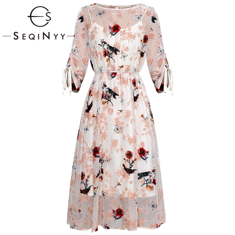 

SEQINYY Summer Dress 2019 Fashion Design High Street Half Sleeve Elastic Waist Flower Print Beige soft Mesh Pink Velvet Dress