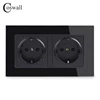 Coswall Wall Glass Panel 16A EU Russia Spain Double Socket Grounded With Children Protective Door Black Color 146*86mm ► Photo 1/3