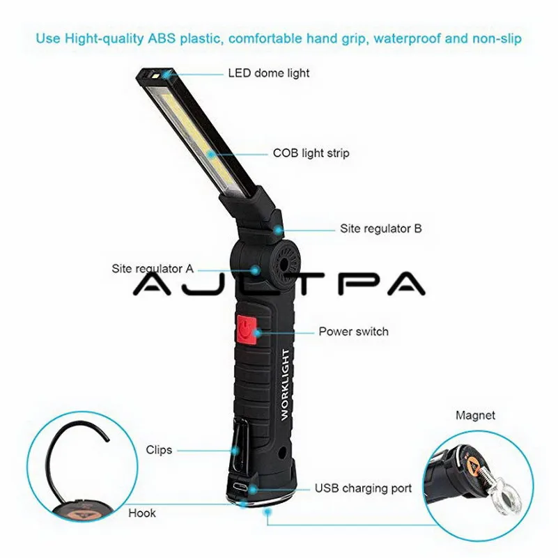 Luzes de Trabalho Modos de Iluminação Lâmpada de Inspeção para Reparo de Carro Led com Base Recarregáveis Magnética Ultra Brilhante Cob Lanterna 5 2 Lanterna led recarregável, com base magnética, 5