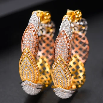 

GODKI Luxury 3 Tone Leaf Leaves CZ Cubic Zircon Statement Big Hoop Earrings For Women Wedding DUBAI Bridal Hoop Earring 2019