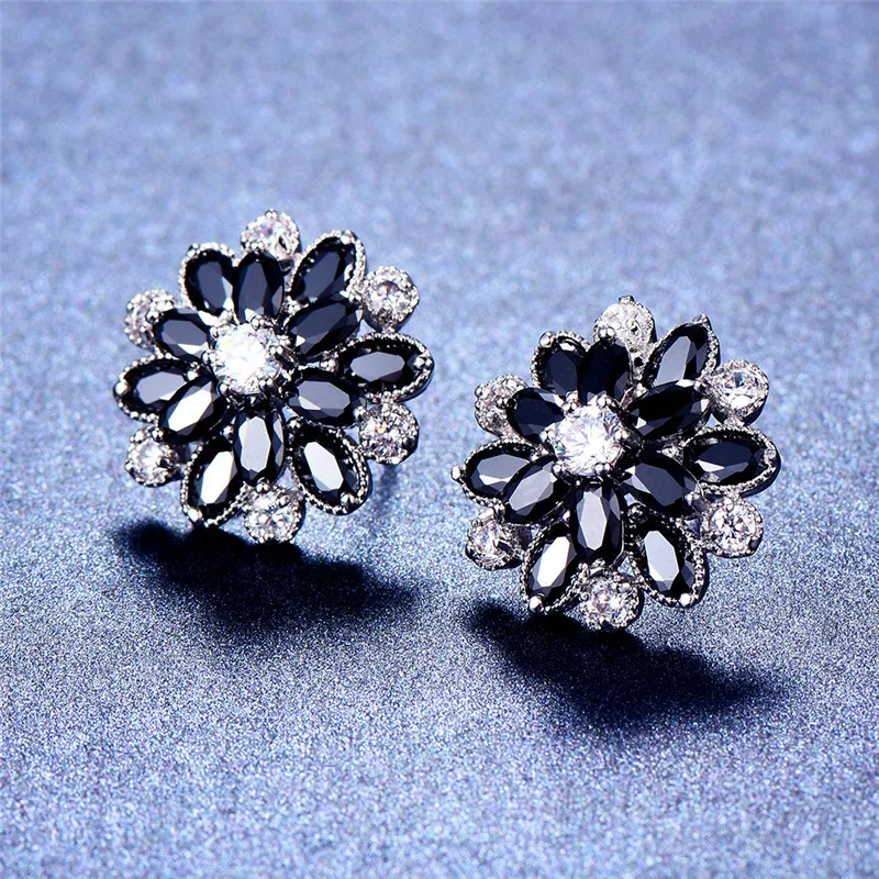 Female Girls Black Stud Earring Snowflake Earrings 925 Sterling Silver