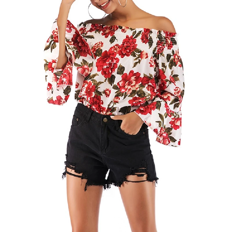 Nuevas blusas mujer, Verano 2019, Blusa de gasa con estampado para mujer, camisa con hombros descubiertos, camisetas sexis de fiesta con volantes, Top de grande|Blusas y - AliExpress