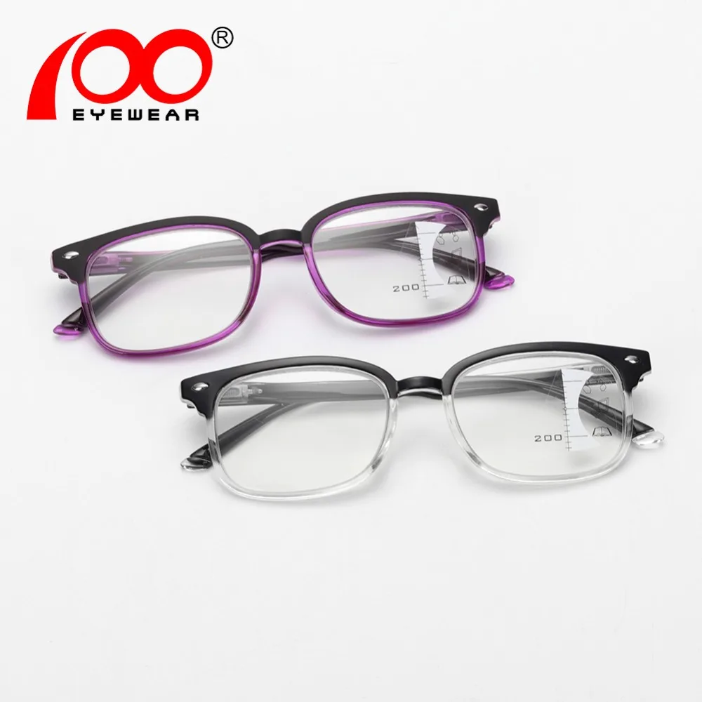 Women Men Progressive Reading Glasses with Glasses Case Purple Clear Bifocal Multifocal Lens