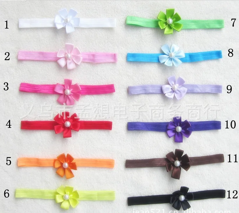 

300pcs hottest sale Children 6 pearl flower stretch headband ribbon with flowers fine ribbon