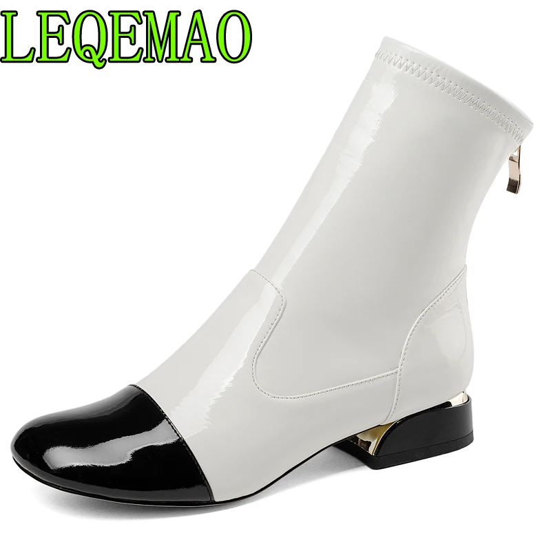 

2018 autumn winter genuine leather zipper ankle boots white and black mixed colors women's shoes matin boots new