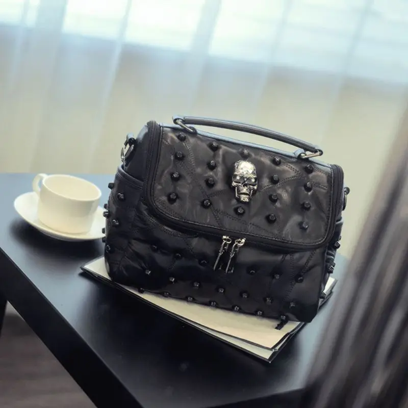  Women Split Sheep Leather Messenger Rivet Skull Tote Handbag Travel Crossbody Satchel Purse Top Han - 32966318087