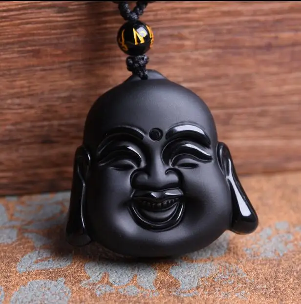 

Natural Matte Black Obsidian Stone Bu Antang head Shakya Mani Buddha head Tathagata Buddha Head Pendant