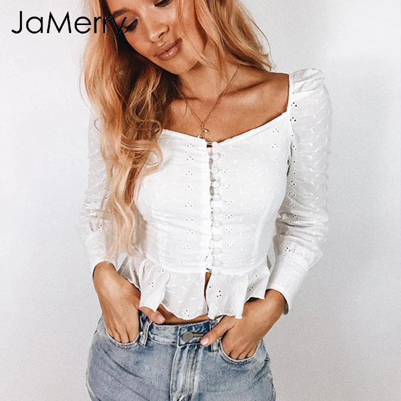  JaMerry Elegant white blouse women shirts 2019 Vintage flower print blouse tops summer Casual ruffl