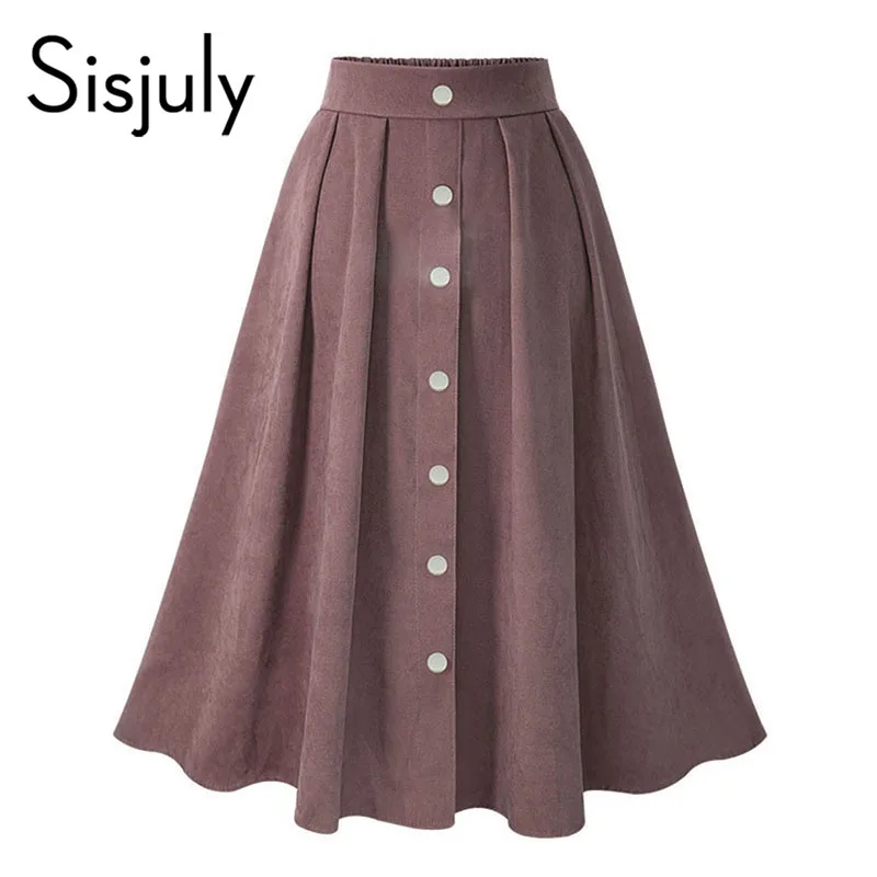 Sisjuly women skirt vintage plain a line skirts summer pattern button