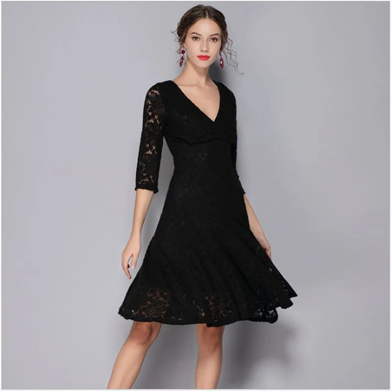 Summer Dress see through Black Dress Vestidos v neck middle sleeve lace ...