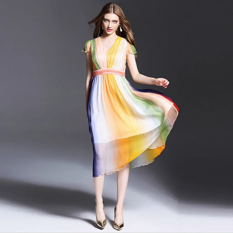 Buy Cheap High Waist Rainbow Dress Mulberry Silk Robe Europe and America Fashion Summer Dress 2017 Real Silk Clothing MS Vestido De Festa