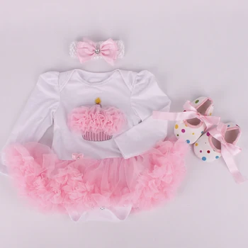 

3PCs per Set Infant Lace Romper Pink Birthday Cake Baby Girls Long Sleeves Tutu Dress Headband Shoe for 0-12months Free Shipping