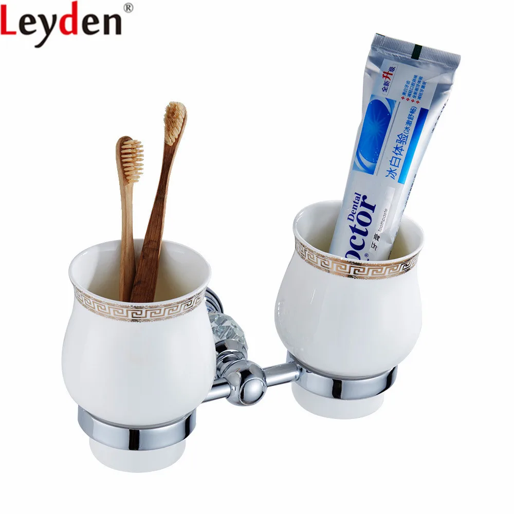 Leyden Bathroom Chrome Double Glass Cup Holders Silver Tooth Brush
