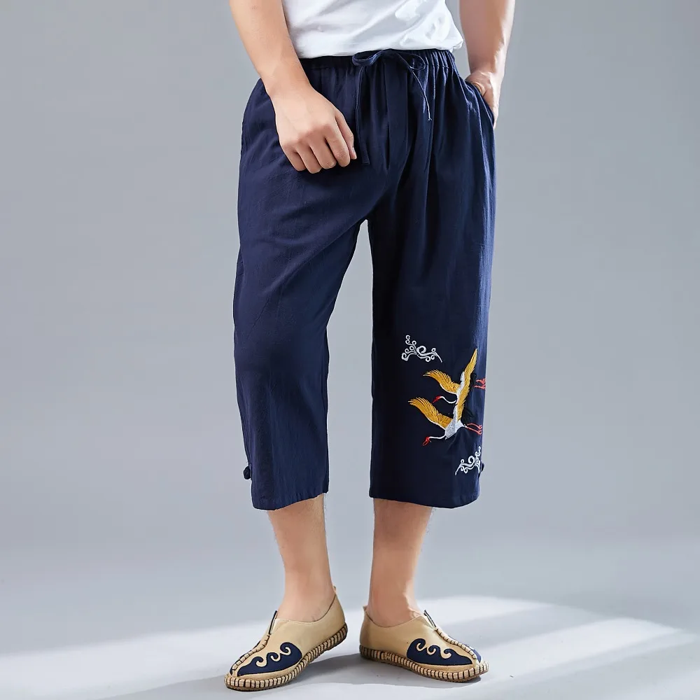 LZJN Men’s Summer 34 Pants Casual Cotton Linen Elastic Waistband Wide Leg Capri Short Bermuda Embroidery Beach Playa Hombre (10)