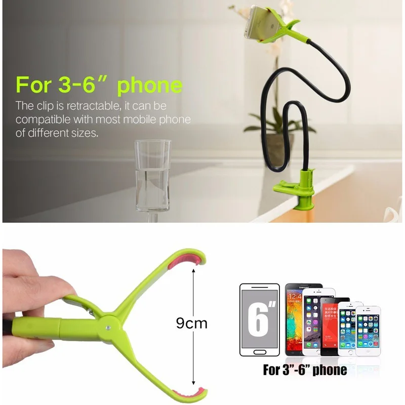 BGreen Bendable Universal Mobile Cell Phone Desk Holder 360 Rotating Clip Bed Stand For iPhone 5S 6