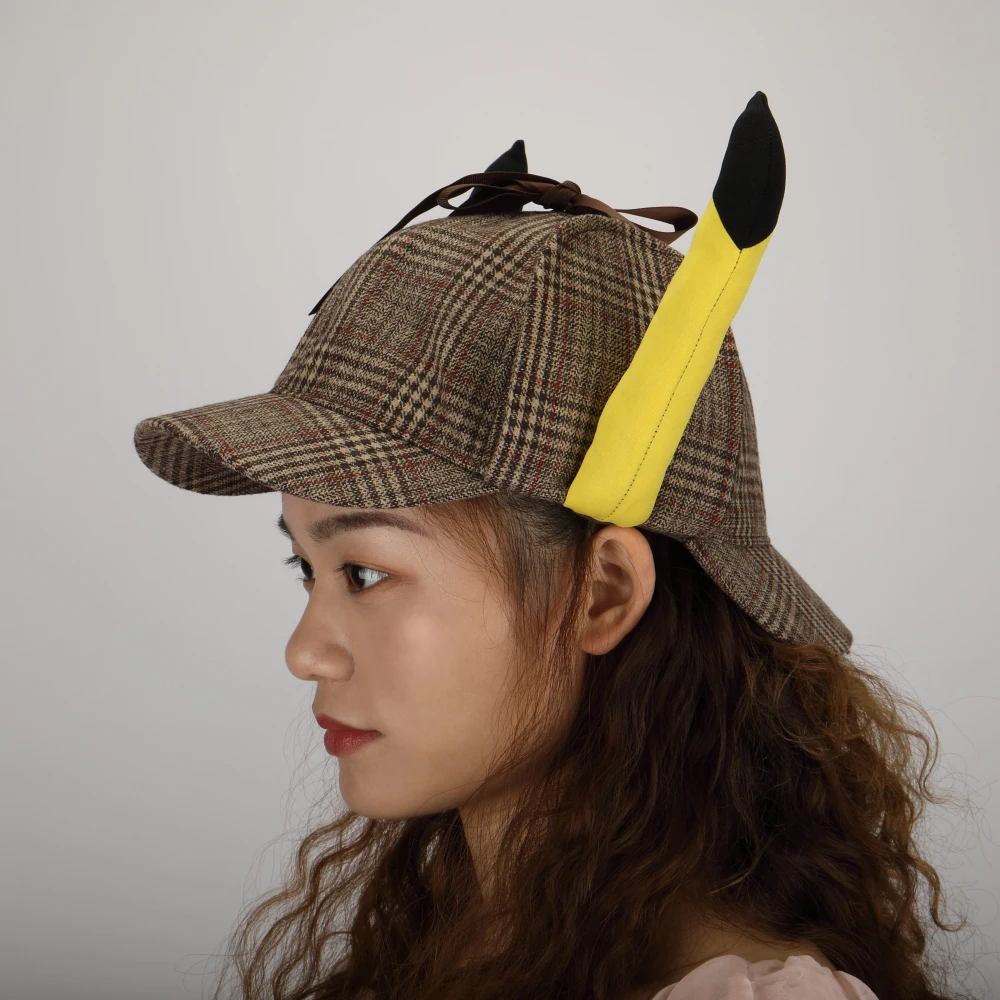 2019 Movie Pokemon Detective Pikachu Cosplay Hats Cute Ears Deerstalker Caps Adult Halloween Props Accessory Gift (4)