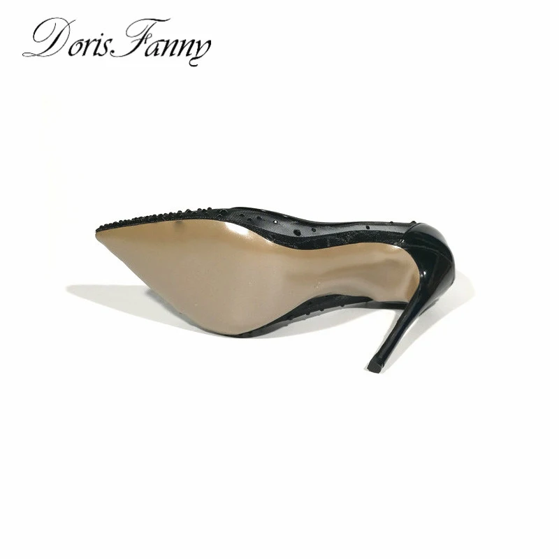 DorisFanny Black High Heels Wedding shoes womens pumps size 13 12 see through pointed toe ladies shoes