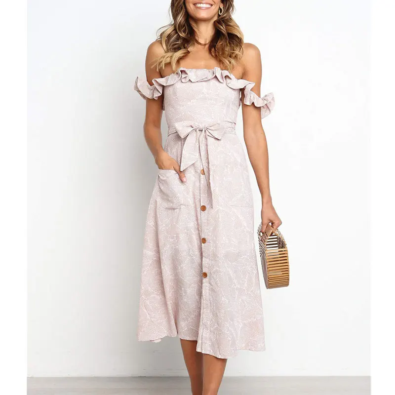 

Sexy Off Shoulder Ruffles Midi Dresses Women Casual Lacing Button Dress Summer Beach Ladies Fashion Elegant Party Dress Vestidos