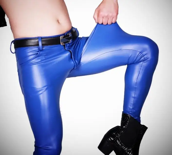 Сексуальные мужские панковские эластичные облегающие брюки, ПУ Блестящий из искусственной кожи, брюки-карандаш, глянцевые сценические узкие брюки, гей одежда размера плюс, F123 - Цвет: Синий