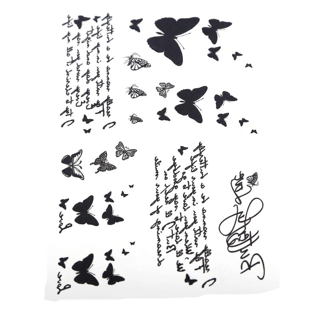 1 лист Винтаж черный Водонепроницаемый переноса воды татуировки Стикеры бабочка письмо Дизайн временные татуировки