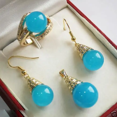 

FREE SHIPPING Jewelry 12mm Blue Pendant Necklace Earrings Ring Set
